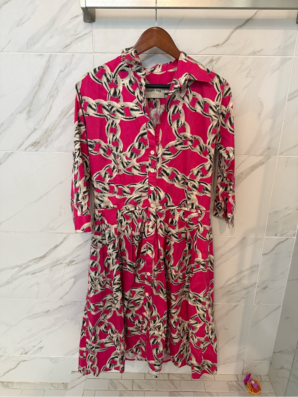 SAMANTHA SUNG Fuchsia Chain-Print Midi Shirt Dress